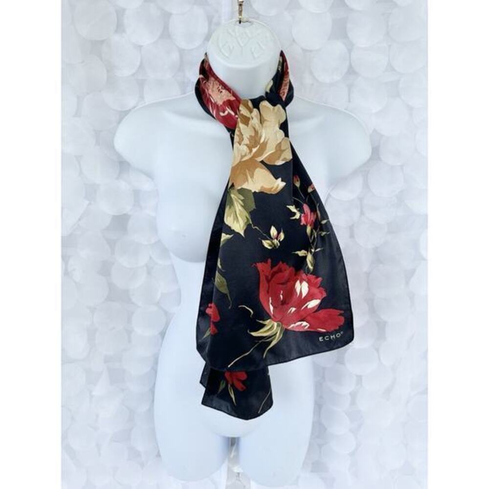 ECHO vintage Silk Scarf Black Red BIG Peony Floral Old Money Oblong Elegant